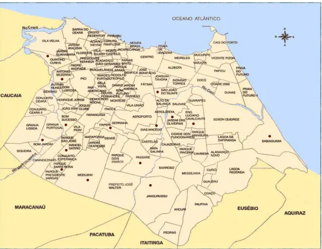 Figura 28 –  Mapa dos Bairros onde mais houve ocorrência de Violência Doméstica  Fonte: Delegacia de Defesa da Mulher, 2007 