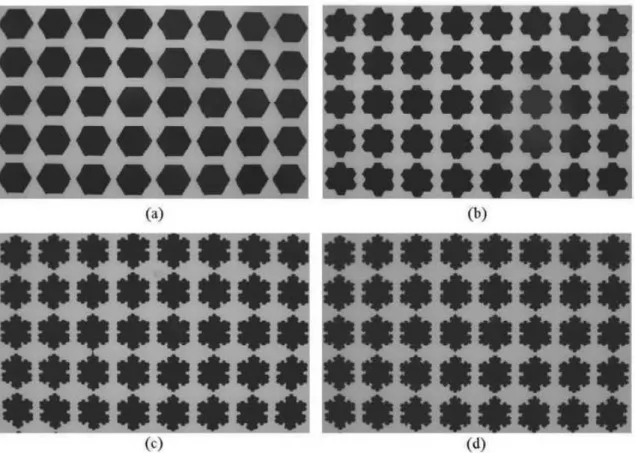 Fig. 4.7: Fotografias de quatro protótipos de FSS com elementos fractais de  Gosper: (a) nível 0, (b) nível 1, (c) nível 2 e (d) nível 3