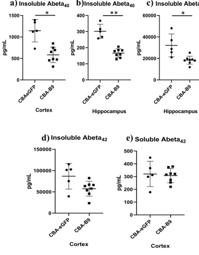 Figure 4. Ab species showed a decrease post-injection of ssAAV-PHP.B-CBA-B9 in APP NL-G-F 