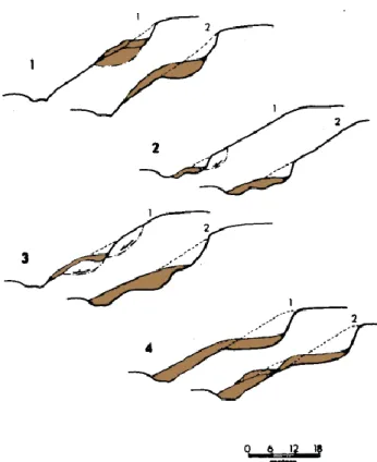 Figura 1.4: Exemplos de movimentos de vertente com diferentes distribuições  de atividade (adaptado de Cruden e Varnes, 1996, extraído de Pereira, 2010) 