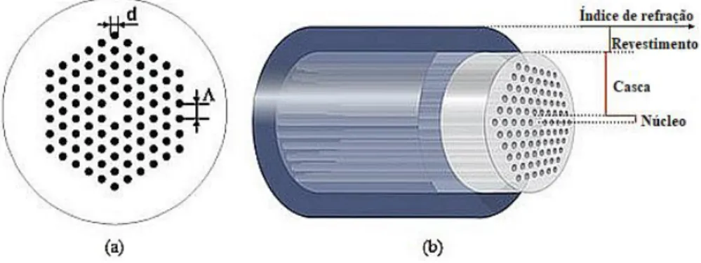 Figura 7. Esquemático da secção transversal de uma PCF de núcleo sólido.  (a) Ênfase na matriz esburacada e  seus  principais  parâmetros  físicos  ( 