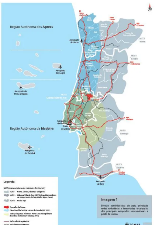 Figura 4: Representação geográfica da cidade de Tomar e respetivas vias e meios de acesso à cidade