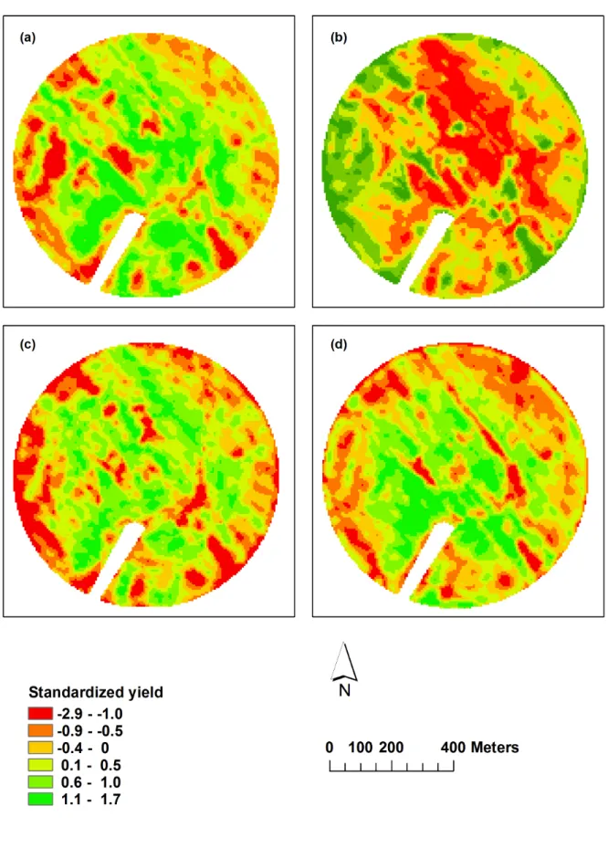 Figure 3.2: Standardized maize yield maps for the Azarento field: (a) yield in 2002; (b) yield in 2003; (c) yield in 2004; (d) yield in 2007.