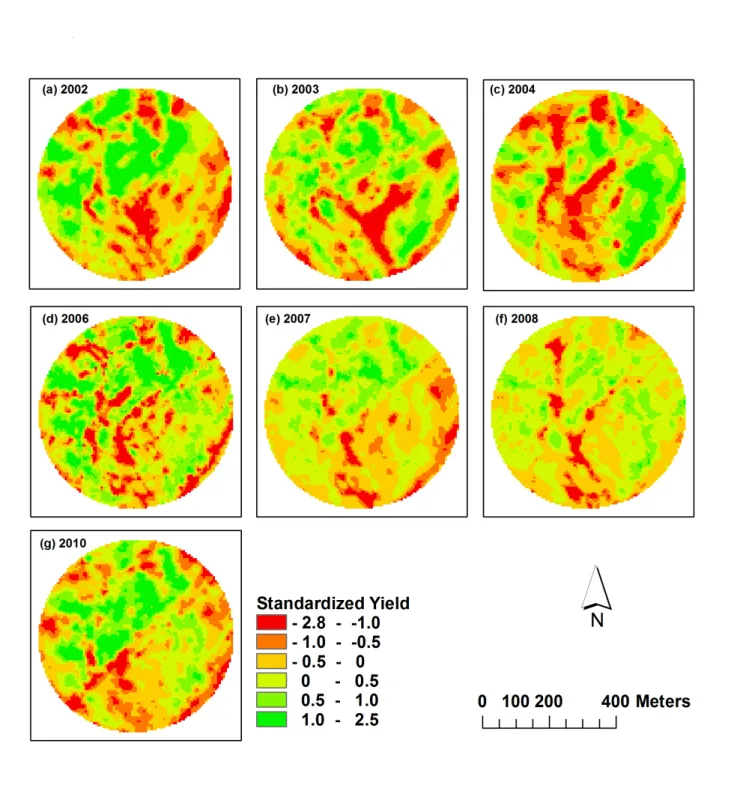 Figure 3.4: Standardized maize yield maps for the Bemposta field: (a) yield in 2002; (b) yield in 2003; (c) yield in 2004; (d) yield in 2006; (e) yield n 2007; (f) yield in 2008; (g) yield in 2010.