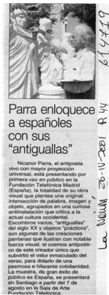 Figura 8: Parra enloquece a españoles con sus “antiguallas”. La Nación, Santiago, 26 abr