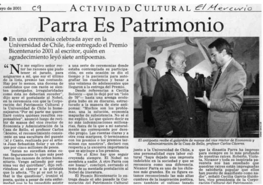 Figura 9: PARRA es patrimonio. El Mercurio, Santiago, 29 mai. 2001. p. C 9. 