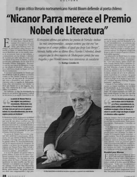 Figura 10: NICANOR Parra merece el Premio Nobel de Literatura. La Tercera, Santiago, 17 ago