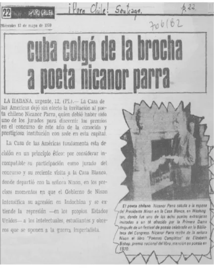 Figura 1: CUBA colgó de la brocha a poeta Nicanor Parra. Puro Chile, Santiago, 13 maio 1970