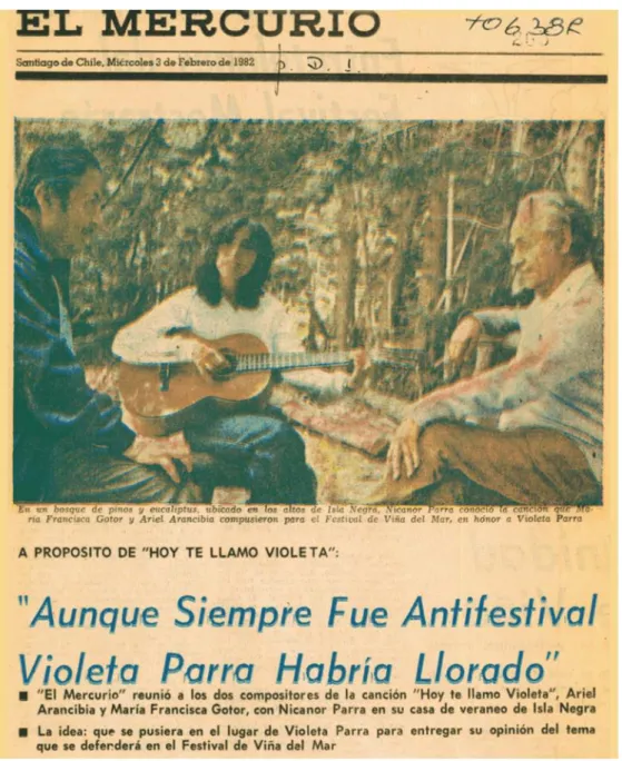 Figura 3: AUNQUE siempre fue antifestival, Violeta Parra habría llorado. El Mercurio, Santiago, 3 fev