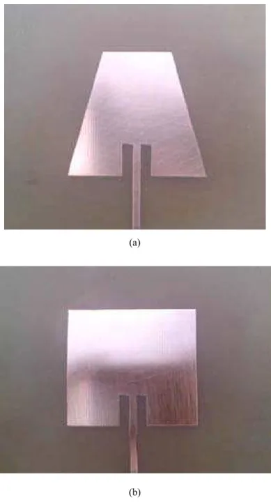 Figura 2.9: Fotos de protótipos de antenas de microfita projetadas para a faixa de comunicações  móveis: (a) afilada e (b) retangular