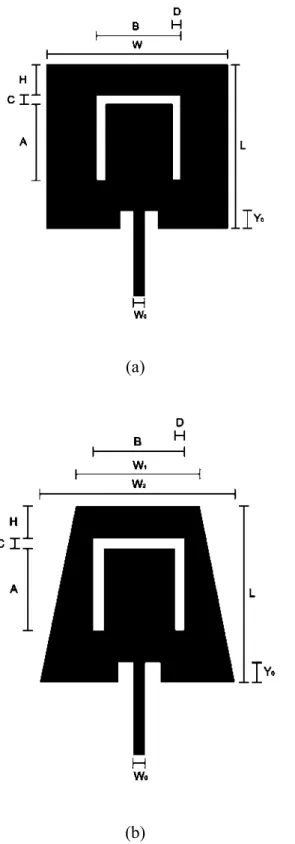 Figura 3.1: Exemplos de antenas com fenda em U: (a) patch retangular) e (b) patch afilado .