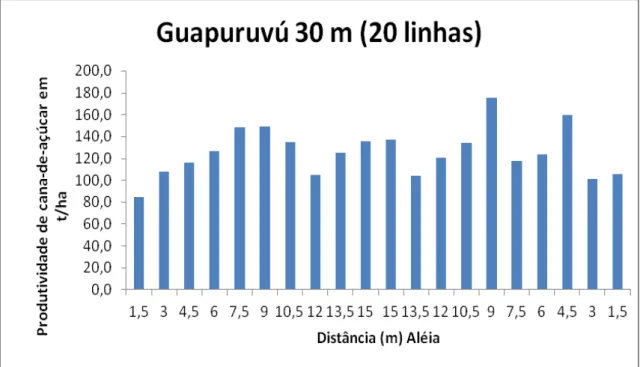 Figura 10: Produção em cada linha de cana-de-açúcar na aleia Guapuruvú (20  linhas)