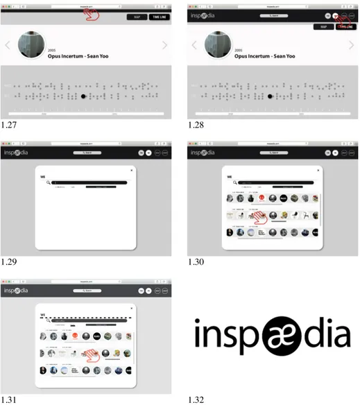 Fig.  1.  Inspædia  User  Experience.  (1.1)  www.inspaedia.com  (1.2)  GET  INPIRED  message  (1.3)  Clicking  for  more  suggestions  (1.4)  Mouse  through  and  first  level  of  information  (1.5)  MAP  visualization  mode  and  MENU  view  (1.6)  MENU
