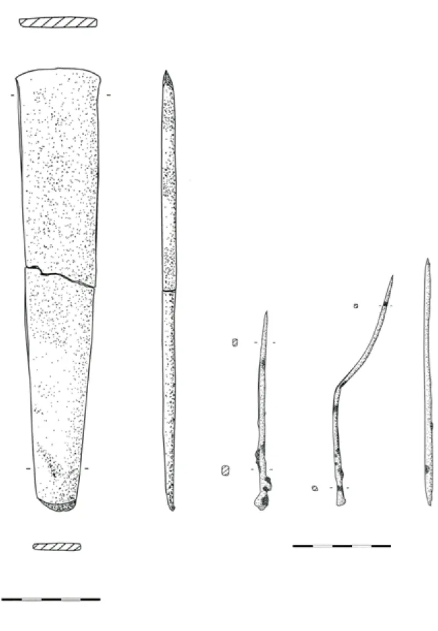 Fig. 5. Artefactos de cobre do MNAL. Ambas fases calcolíticas revelaram artefactos de cobre, mas, até agora, não se registaram vestígios  de metalurgia no local (Gonçalves, 2005, remontado).