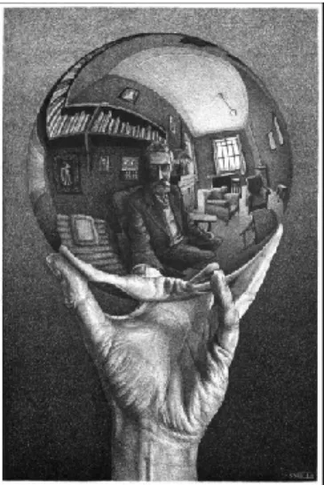 Figura 20 - M.C. Escher, Mão com esfera refletora, 1935, Litografia sobre papel, 213 x 318 mm,   M.C