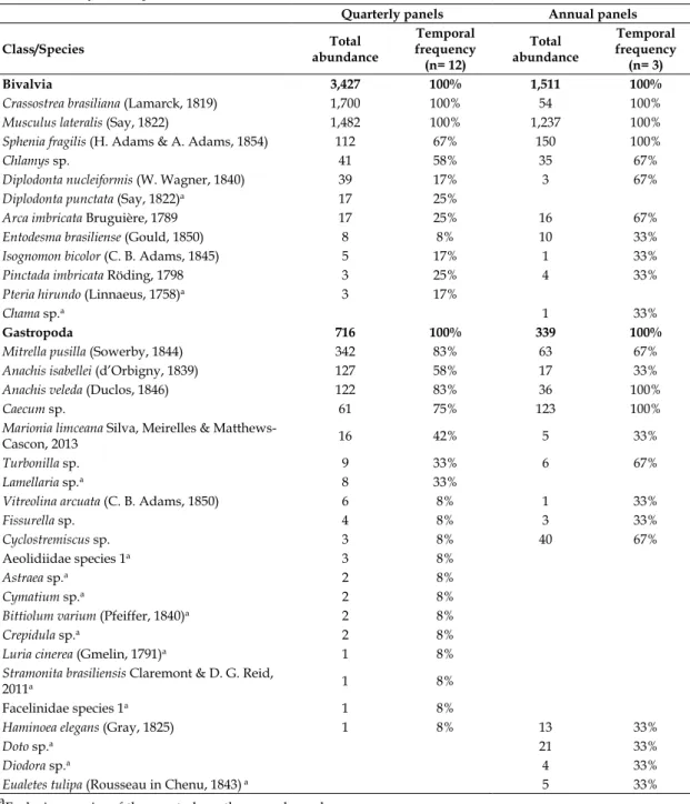 Table I - Molluscan species recorded on recruitment panels placed in the offshore harbor at Terminal Portuário do  Pecém (NE Brazil) from October 2009 to November 2012; their respective abundance and temporal frequencies on  3-month and 1-year samples.