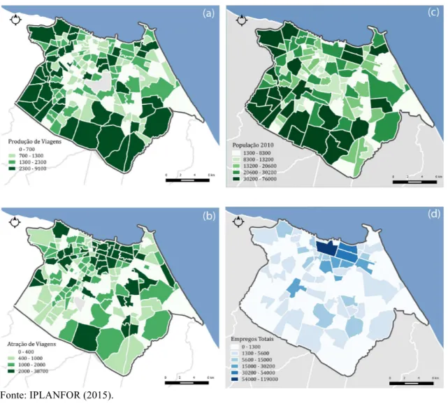 Figura  6  –  Produção  (a)  e  Atração  (b)  de  Viagens,  População  por  bairro  (c)  e  Empregos  por  bairro  (d)  em  Fortaleza