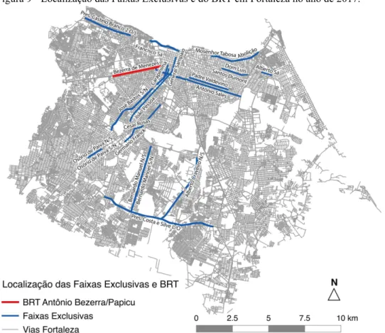 Figura 9 - Localização das Faixas Exclusivas e do BRT em Fortaleza no ano de 2017. 