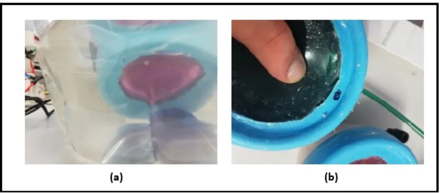 Figure 15 - Test for leaks on an early surface A prototype (a) and detected air leaks (b)