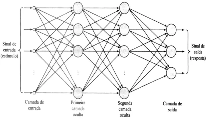 Figura 3.3. Arquitetura Neural de uma Rede Perceptron de Múltiplas Camadas   Fonte: Freire Jr e Aquino, 2005