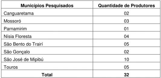 Tabela 3.1: Quantidade de produtores entrevistados em cada município. 