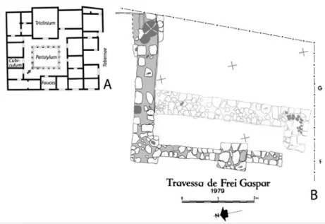 Fig. 5 A Planta esquemática de domus de peristilo (seg. Alarcão, 2012). B - Planta de área escavada na Travessa de  Frei Gaspar, Setúbal (seg