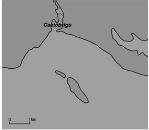 Fig. 3 Ensaio de reconstituição paleogeográfica  da baía de Setúbal na Época Romana. Seg