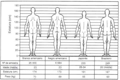 Figura  2  –  Figura  demonstrativa  das  diferenças  de  estatura  e  proporcionalidade do corpo humano entre indivíduos, segundo a sua etnia e a  área geográfica da qual são provenientes (Falzon, 2007, p
