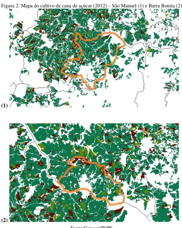 Figura 2: Mapa do cultivo da cana de açúcar (2012)  –  São Manuel (1) e Barra Bonita (2) (1)  (2) Fonte:Canasat/INPE  Legenda:                 Limite município 