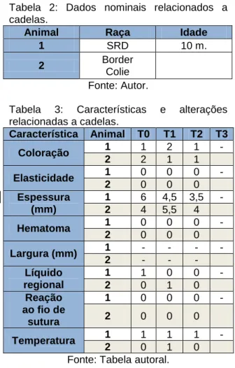 Tabela  4:  Características  e  alterações  relacionadas a gatas.  Característica  T0  T1  T2  T3  Coloração  1  0  00  Elasticidade (mm)  0  0  0  Espessura  2,5  2  1  Hematoma  0  0  0  Largura (mm)  -  -  -  Líquido  regional  1  1  0  Reação   ao fio 
