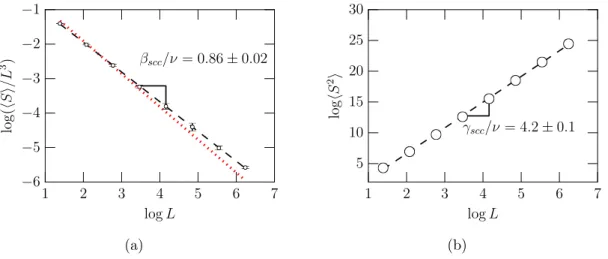 Figura 27: M´edia do tamanho do componente fortemente conectado (SCC) hSi e do segundo momento da distribui¸c˜ao de tamanhos de agregados, excluindo o agregado gigante fortemente conectado hS 2 i como fun¸c˜ao do tamanho linear da rede L no ponto cr´ıtico 