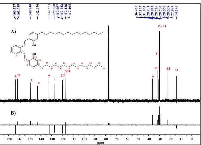 Figura 18. Espectro de RMN de  13 C do ligante hpbp e B) espectro APT 