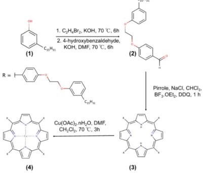 Figure 1. Synthetic scheme for porphyrins from cardanol: (1) hydrogenated cardanol; (2) aldehyded precursor; (3) H 2 Pp; (4) CuPp.