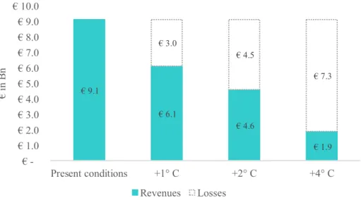 Figure 7: Monetary impact of temperature scenarios on the turnover of winter sports tourism due to tourism  income from domestic and foreign guests 8