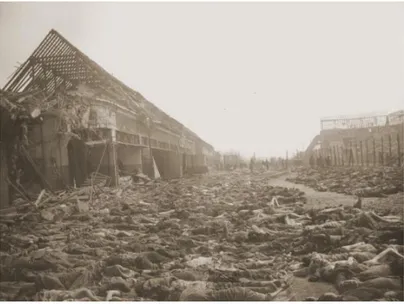 Fig. 1. View of the main street of the Nordhausen concentration camp, outside of the  central barracks (Boelke Kaserne), where the bodies of prisoners have been laid out in 