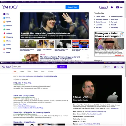 Figura 2.10: Página inicial e página resultado de pesquisa da Yahoo (Março de 2016).