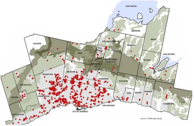 Figura 4: Empresas de alimentos na Grande Toronto marcadas em vermelho 