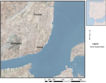 Figure 3.1 Left figure, geomorphology of Lisbon region with three main features marked: Serra de Monsanto,  Baixa  (city  center),  and  Portela  Airport  (location  of  the  PG  sensor)