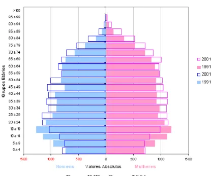Gráfico 1 – Pirâmide etária do concelho de Anadia (1991 – 2001) 