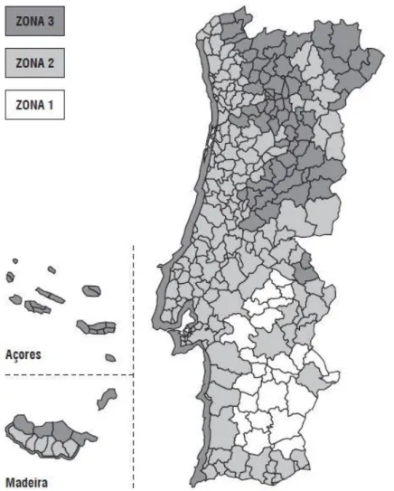 Figura 7: Classificação do território português quanto às zonas de exposição (reproduzido de Torreense, 2015) 