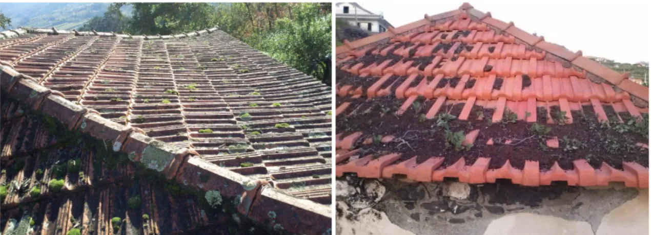 Figura 8: Telhado com acumulação de sujidades devido a inclinação insuficiente (à esquerda) e revestimento  degradado devido ao mau funcionamento do telhado (à direita) 