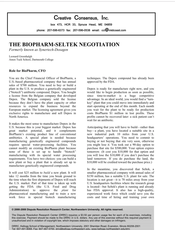 Figure 6. Negotiation Exercise assigned in Study 1 - Buyer Role 