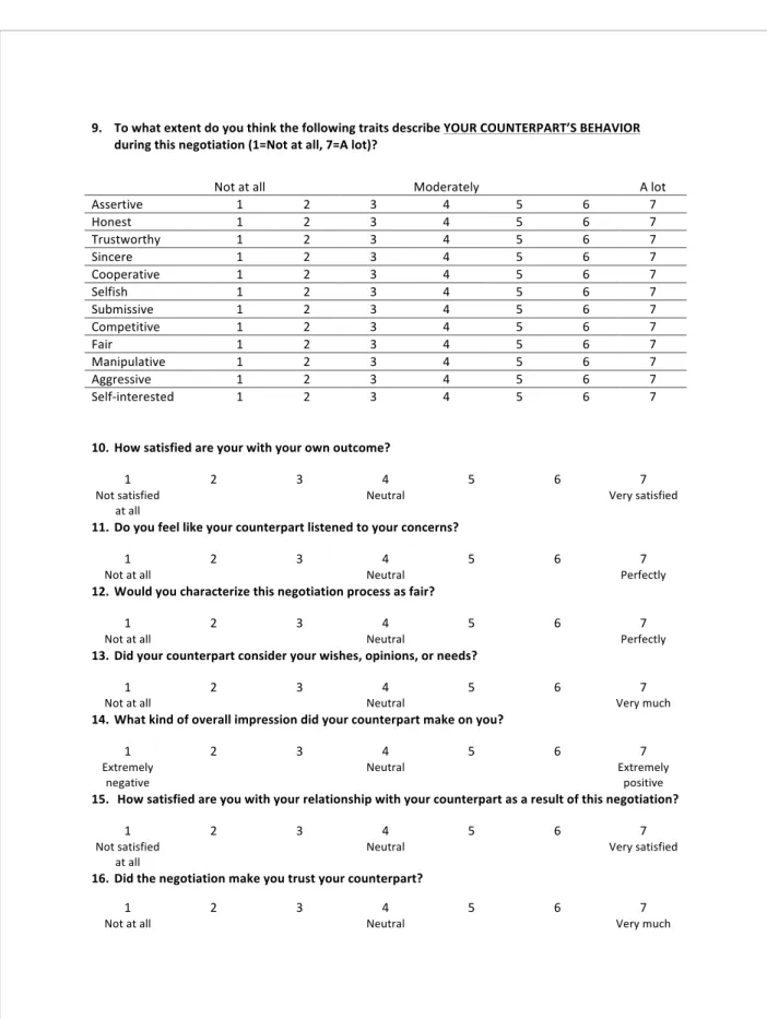 Figure 12. Post-Negotiation Questionnaire provided in Study 1 (page 2) 