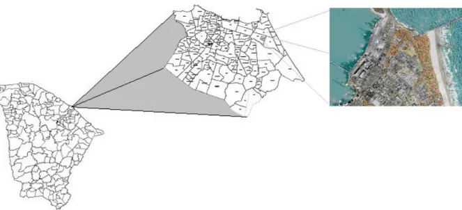 Figura 1 - Localização da área de estudo, com o mapa do Ceará destacando a cidade de Fortaleza e sua zona  costeira na escala de 1: 36.100 (Google Earth, 2008).