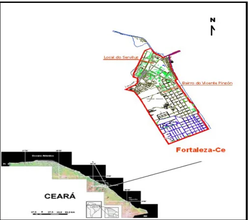 Figura   2   –   Localização   do   lugar   Serviluz   e   Bairro   Vicente   Pinzón   na   cidade   de   Fortaleza   –   Ceará