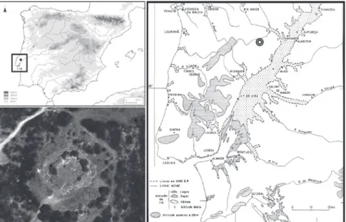 Figura 1 – Localização de Vila Nova de São Pedro na Península Ibérica e no paleoestuário existente, no Baixo Vale do Tejo (c