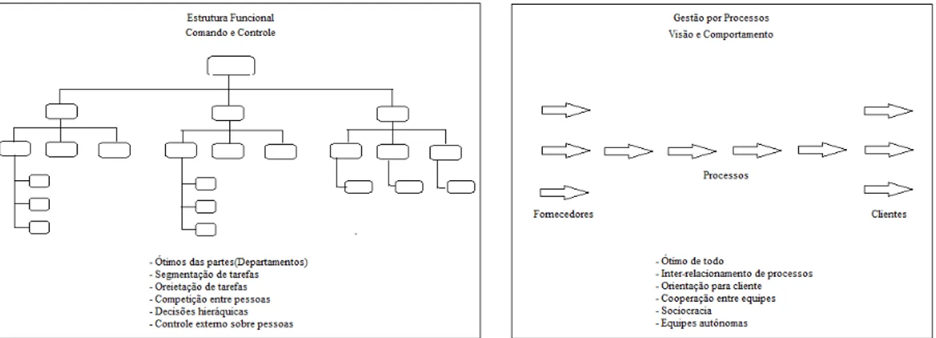 Figura 2 – As diferenças entre a Estrutura Funcional e a de Gestão por Processos. 