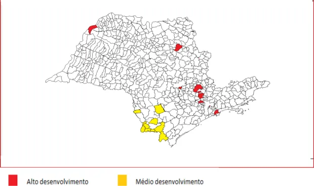 Figura 1: Mapa com os municípios do ranking de alto e baixo desenvolvimento do  estado de São Paulo de acordo com IDH de 2000
