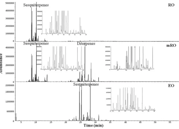 Figure 3-  Gas chromatography profile of copaiba oils. Where RO is the copaiba resin  oil, mRO is the copaiba resin oil after methylation and EO is the copaiba essential oil