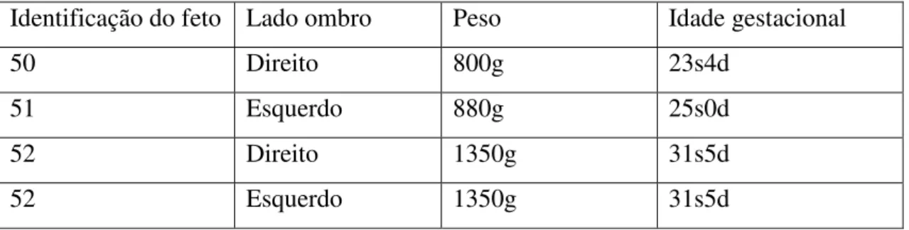 Tabela 1- Identificação, lado, peso e idade do feto. 